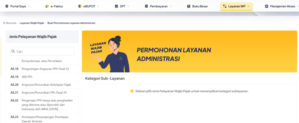 Halaman Buat Permohonan Layanan Administrasi di Coretax DJP yang digunakan untuk memilih jenis layanan perpajakan termasuk SKB PPh Warisan.