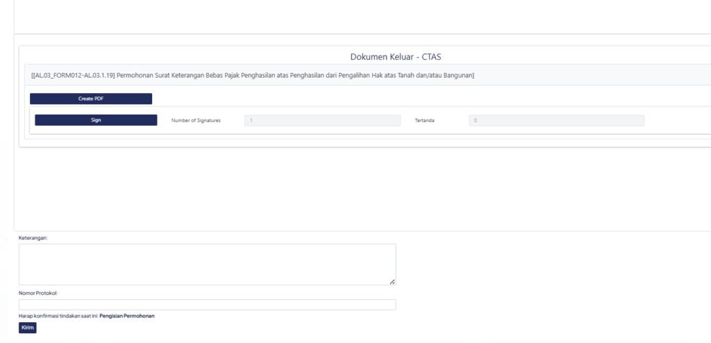 Halaman dokumen keluar CTAS pada Coretax DJP untuk pembuatan PDF, tanda tangan elektronik, dan pengiriman permohonan SKB PPh Warisan.