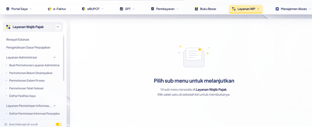 Menu Layanan Wajib Pajak pada Coretax DJP yang digunakan untuk mengakses layanan administrasi dan pengajuan SKB PPh Warisan secara online.