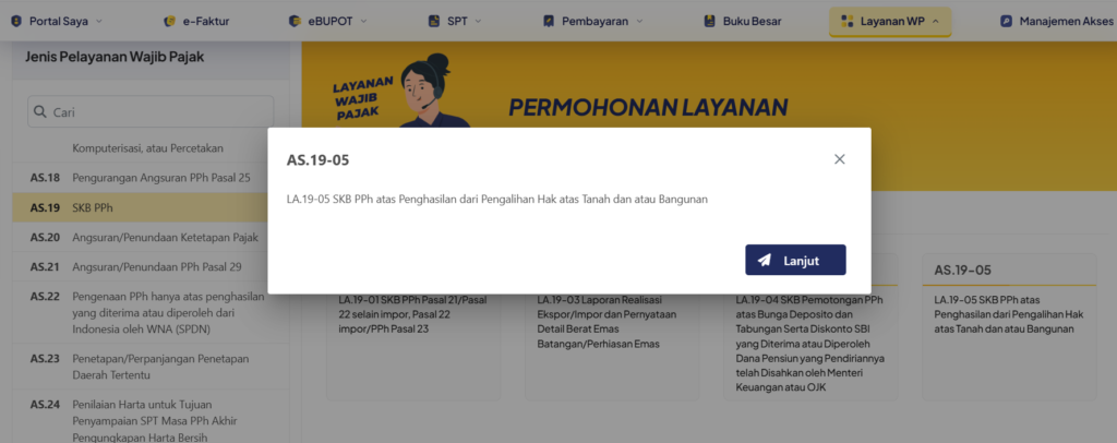 Tampilan konfirmasi layanan AS.19-05 SKB PPh atas penghasilan dari pengalihan hak atas tanah dan atau bangunan pada Coretax DJP.