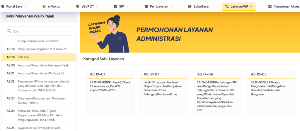 Tampilan layanan AS.19 SKB PPh pada Coretax DJP yang digunakan untuk pengajuan Surat Keterangan Bebas Pajak Penghasilan secara online.
